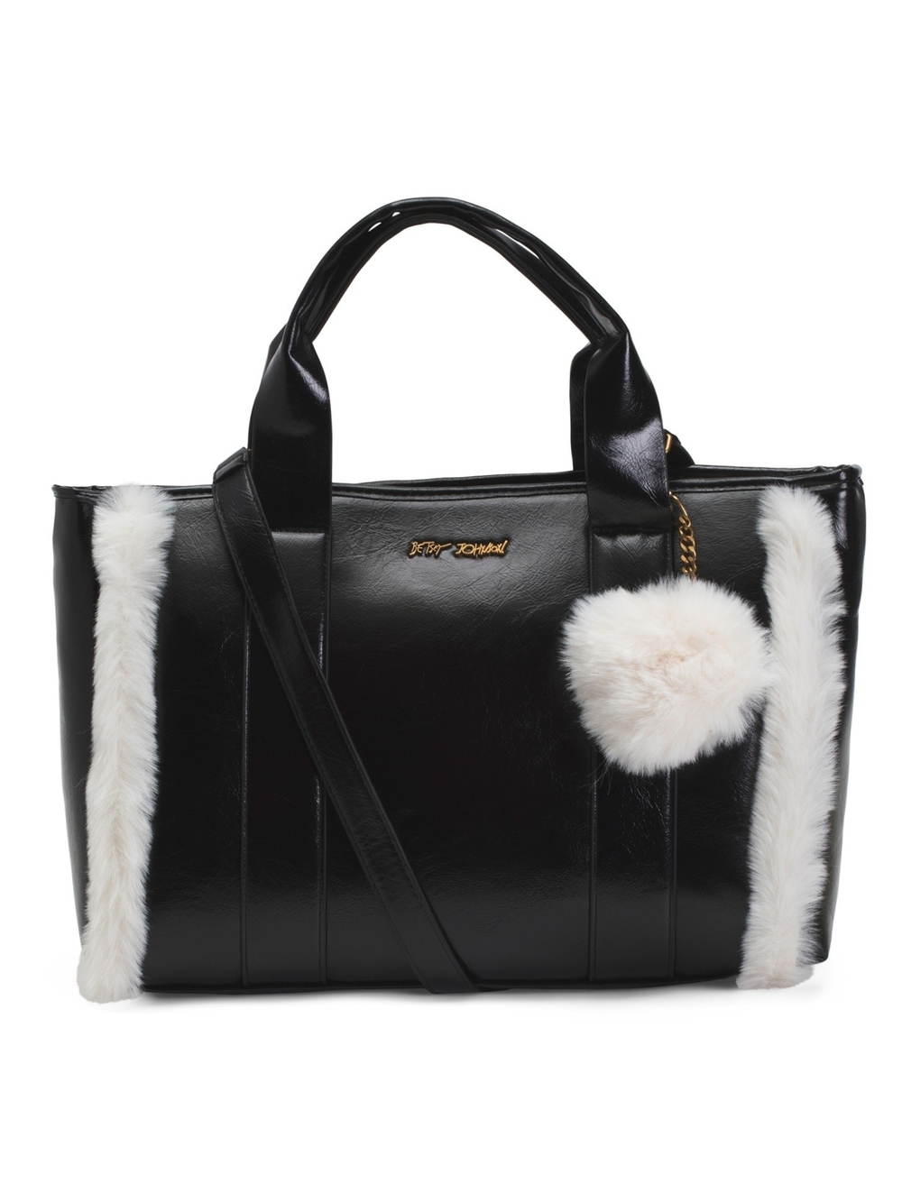 Betsey Johnson Black Tote with White Fur Trim and Pom Pom Charm
